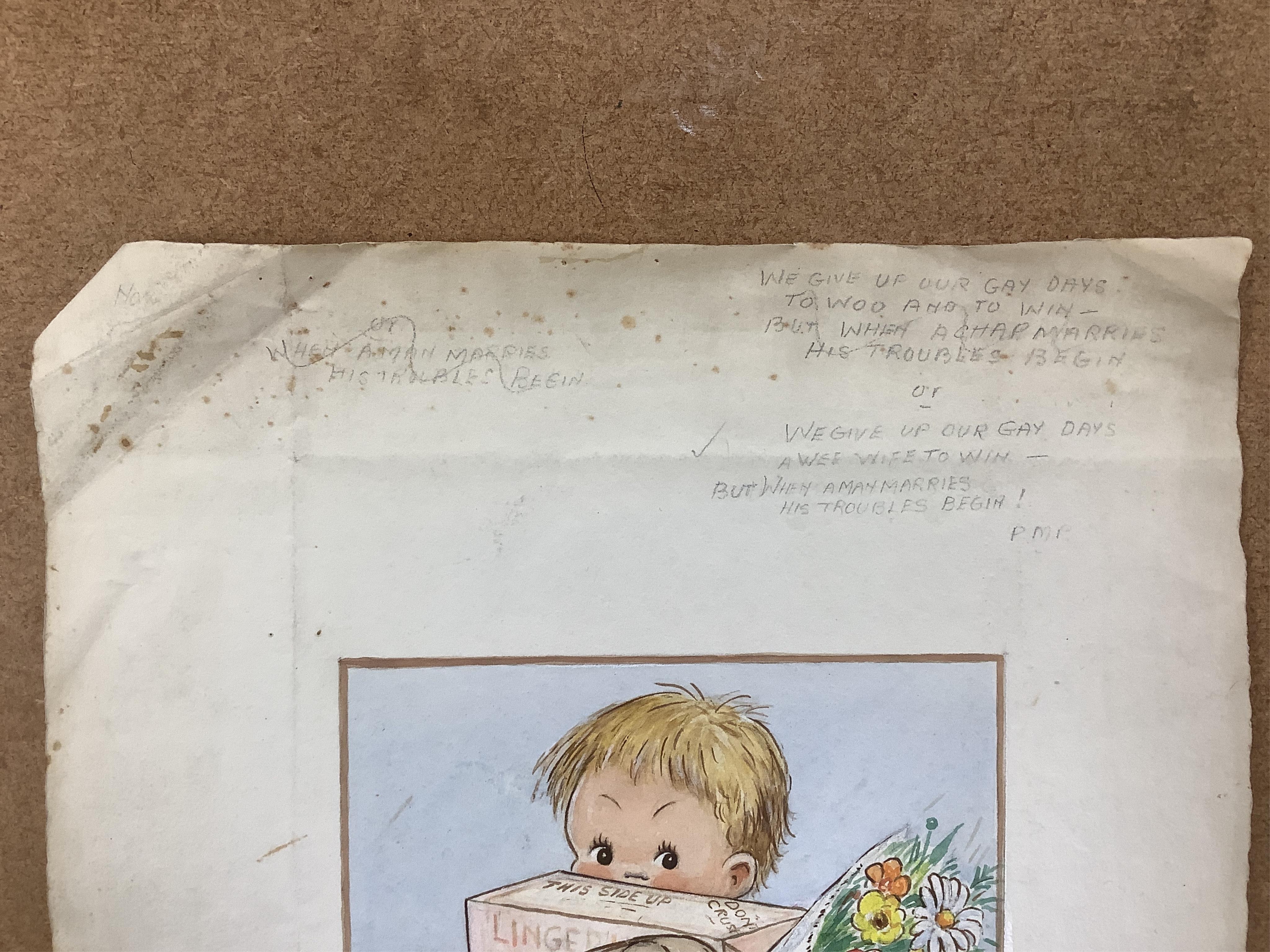 Phyllis Purser (1893-1990), six original watercolours on card for postcard designs, Humourous children, each signed, unframed, largest 39 x 28cm. Condition - fair, discolouration and creasing to the edges